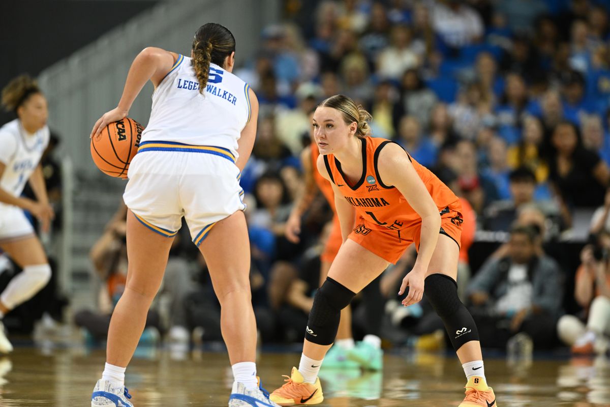 Oklahoma State guard Amari Whiting #1 locks in on defense during an NCAA Women's Basketball game between Oklahoma State University and University of California Los Angeles on Monday, March 23, 2026 at Pauley Pavilion in Los Angeles Calif