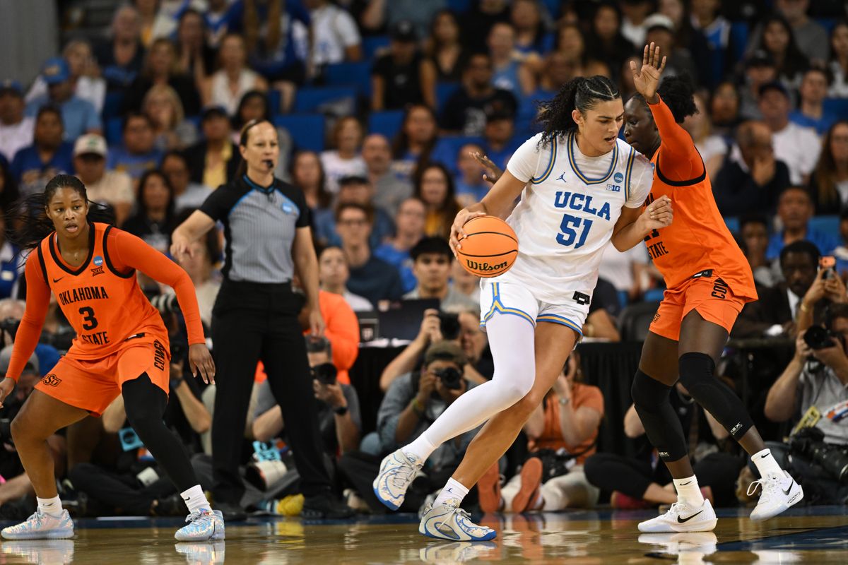UCLA center Lauren Betts #51 makes a post-up move in the paint during an NCAA Women's Basketball game between Oklahoma State University and University of California Los Angeles on Monday, March 23, 2026 at Pauley Pavilion in Los Angeles Calif