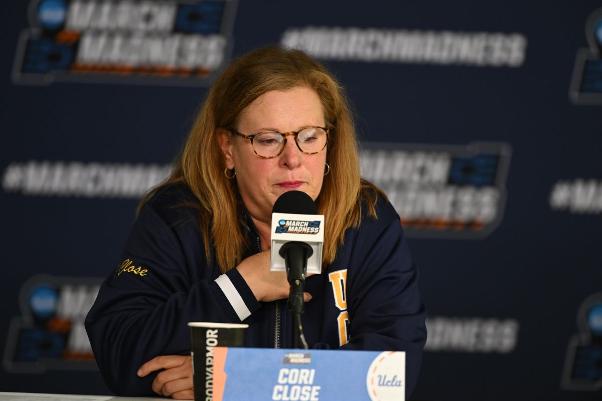UCLA head coach Cori Close speaks to the media after an NCAA Women's Basketball game between Oklahoma State University and University of California Los Angeles on Monday, March 23, 2026 at Pauley Pavilion in Los Angeles Calif