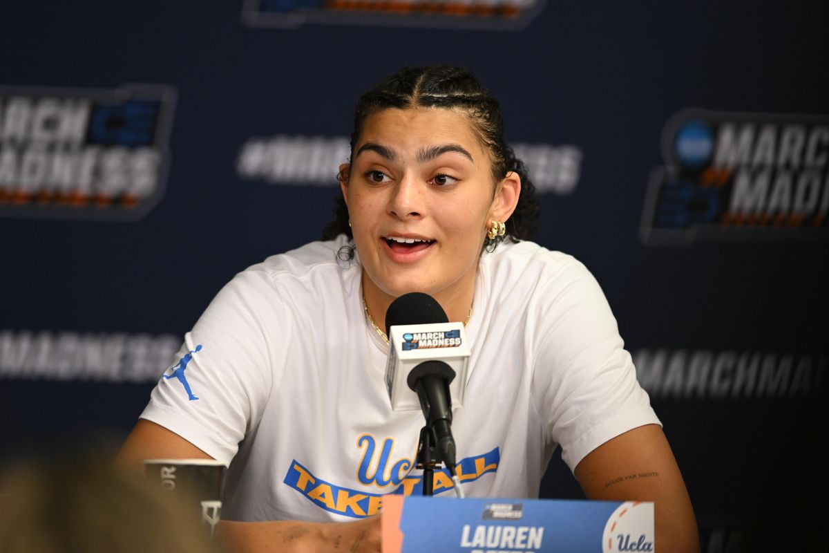 UCLA center Lauren Betts #51 speaks to the media after an NCAA Women's Basketball game between Oklahoma State University and University of California Los Angeles on Monday, March 23, 2026 at Pauley Pavilion in Los Angeles Calif