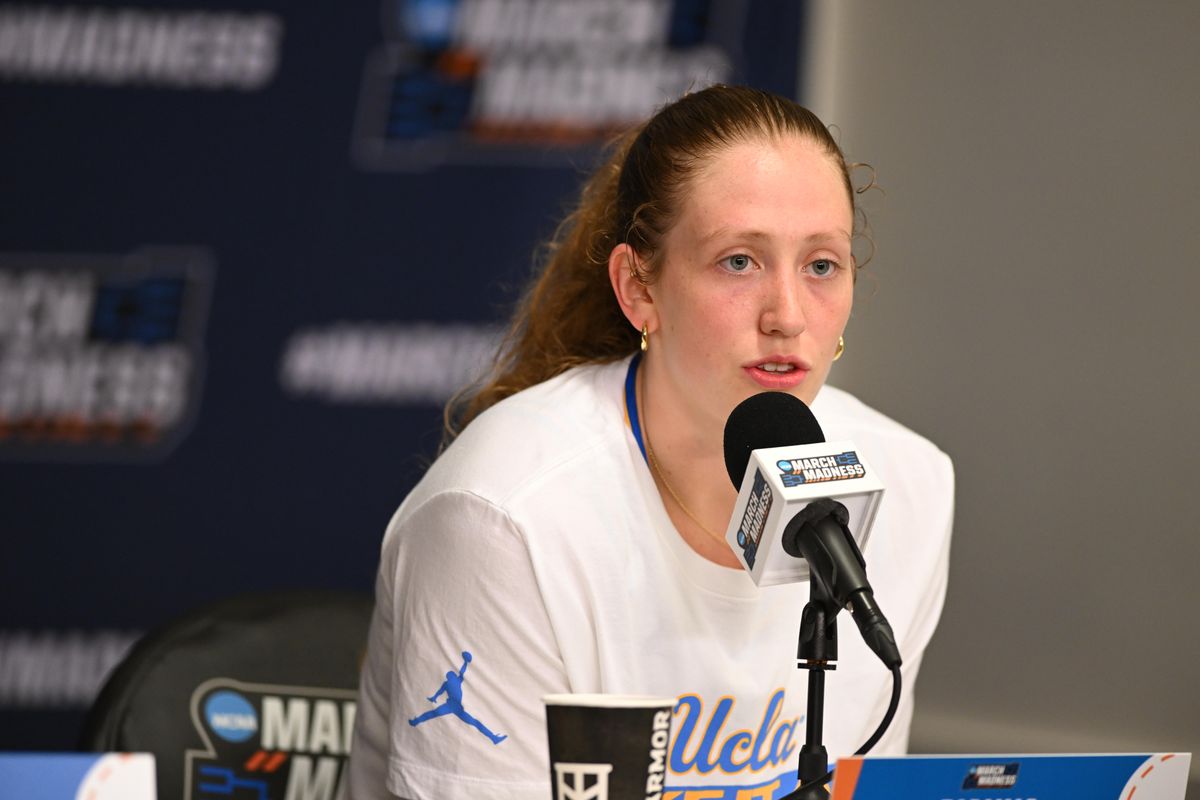 UCLA guard Gianna Kneepkens #8 speaks to the media after an NCAA Women's Basketball game between Oklahoma State University and University of California Los Angeles on Monday, March 23, 2026 at Pauley Pavilion in Los Angeles Calif