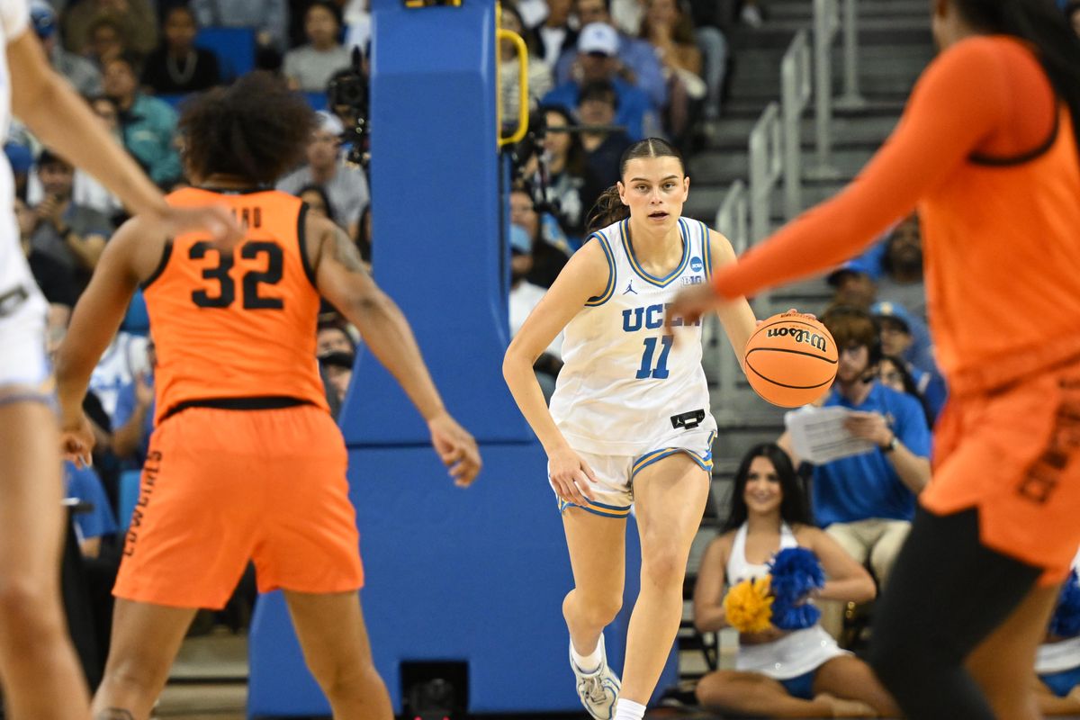 UCLA guard Gabriela Jaquez #11 brings the ball downcourt during an NCAA Women's Basketball game between Oklahoma State University and University of California Los Angeles on Monday, March 23, 2026 at Pauley Pavilion in Los Angeles Calif