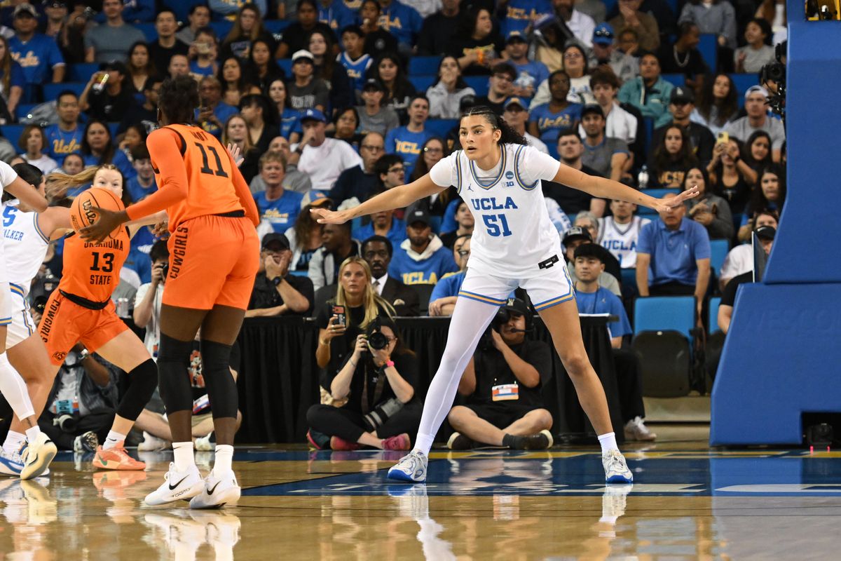 UCLA center Lauren Betts #51 plays defense during an NCAA Women's Basketball game between Oklahoma State University and University of California Los Angeles on Monday, March 23, 2026 at Pauley Pavilion in Los Angeles Calif
