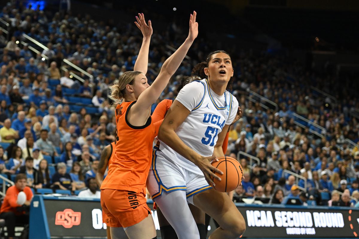 UCLA center Lauren Betts #51 makes a move in the paint during an NCAA Women's Basketball game between Oklahoma State University and University of California Los Angeles on Monday, March 23, 2026 at Pauley Pavilion in Los Angeles Calif