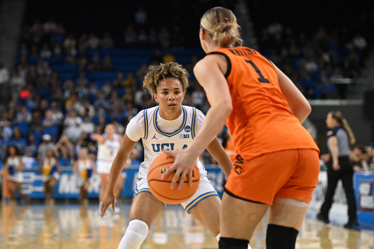 UCLA guard Kiki Rice #1 locks in on defense during an NCAA Women's Basketball game between Oklahoma State University and University of California Los Angeles on Monday, March 23, 2026 at Pauley Pavilion in Los Angeles Calif