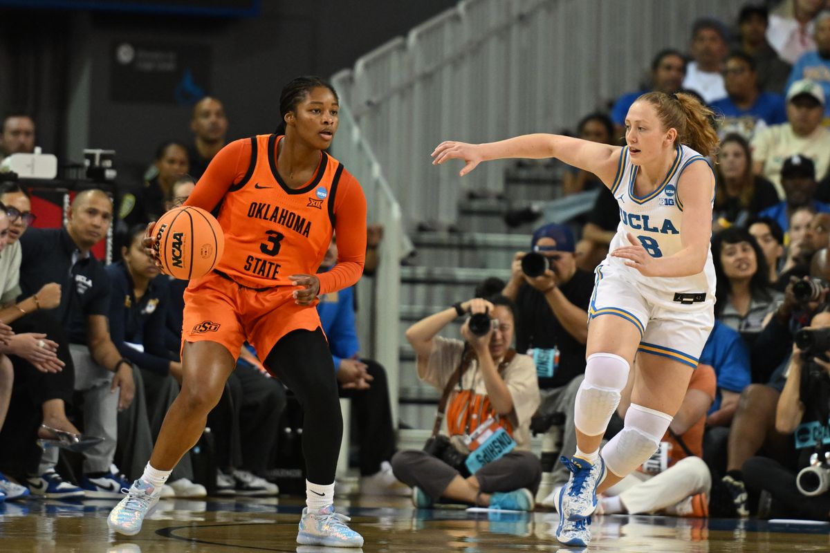 Oklahoma State guard Micah Gray #3 looks for a teammate during an NCAA Women's Basketball game between Oklahoma State University and University of California Los Angeles on Monday, March 23, 2026 at Pauley Pavilion in Los Angeles Calif