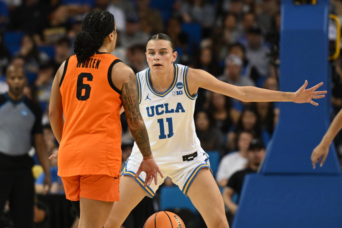 UCLA guard Gabriela Jaquez #11 locks in on defense during an NCAA Women's Basketball game between Oklahoma State University and University of California Los Angeles on Monday, March 23, 2026 at Pauley Pavilion in Los Angeles Calif