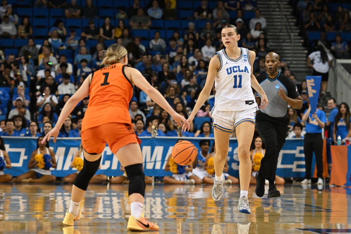 UCLA guard Gabriela Jaquez #11 dribbles the ball during an NCAA Women's Basketball game between Oklahoma State University and University of California Los Angeles on Monday, March 23, 2026 at Pauley Pavilion in Los Angeles Calif