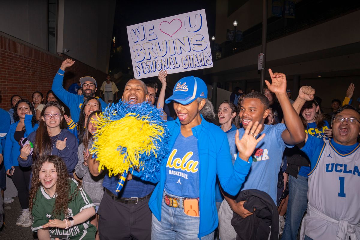 UCLA fans cheer for the UCLA women's basketball team as the team arrives back on campus after winning the NCAA women's basketball National Championship on April 5th, 2026 at UCLA Campus in Los Angeles, CA. UCLA fans cheer for the UCLA women's basketball team as the team arrives back on campus after winning the NCAA women's basketball National Championship on April 5th, 2026 at UCLA Campus in Los Angeles, CA.