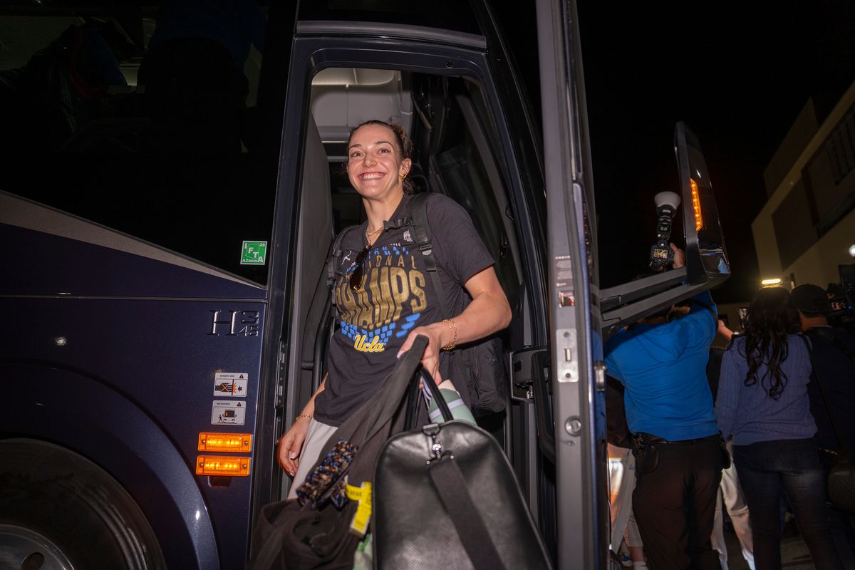 UCLA forward Angela Dugalic (32) arrives back to campus after winning the NCAA women's basketball National Championship on April 5th, 2026 at UCLA Campus in Los Angeles, CA. UCLA forward Angela Dugalic (32) arrives back to campus after winning the NCAA women's basketball National Championship on April 5th, 2026 at UCLA Campus in Los Angeles, CA.