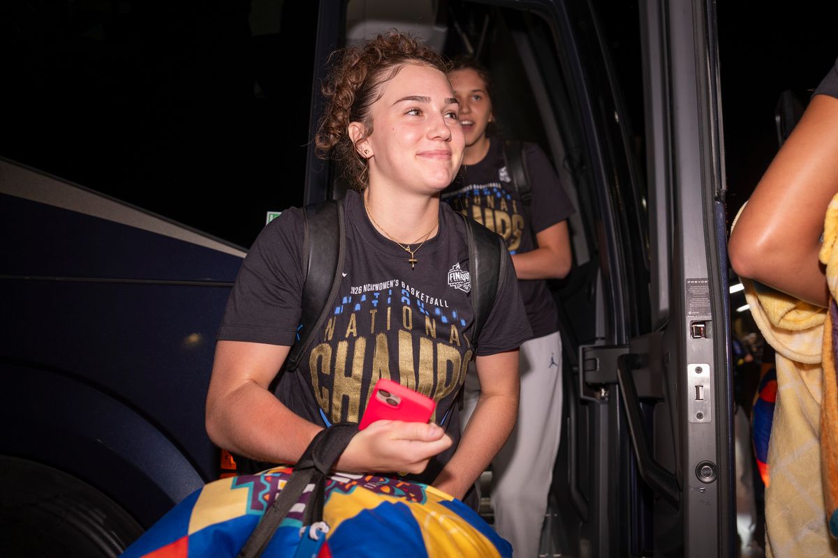 UCLA guard Christina Karamouzi (3) arrives back to campus after winning the NCAA women's basketball National Championship on April 5th, 2026 at UCLA Campus in Los Angeles, CA. UCLA guard Christina Karamouzi (3) arrives back to campus after winning the NCAA women's basketball National Championship on April 5th, 2026 at UCLA Campus in Los Angeles, CA.
