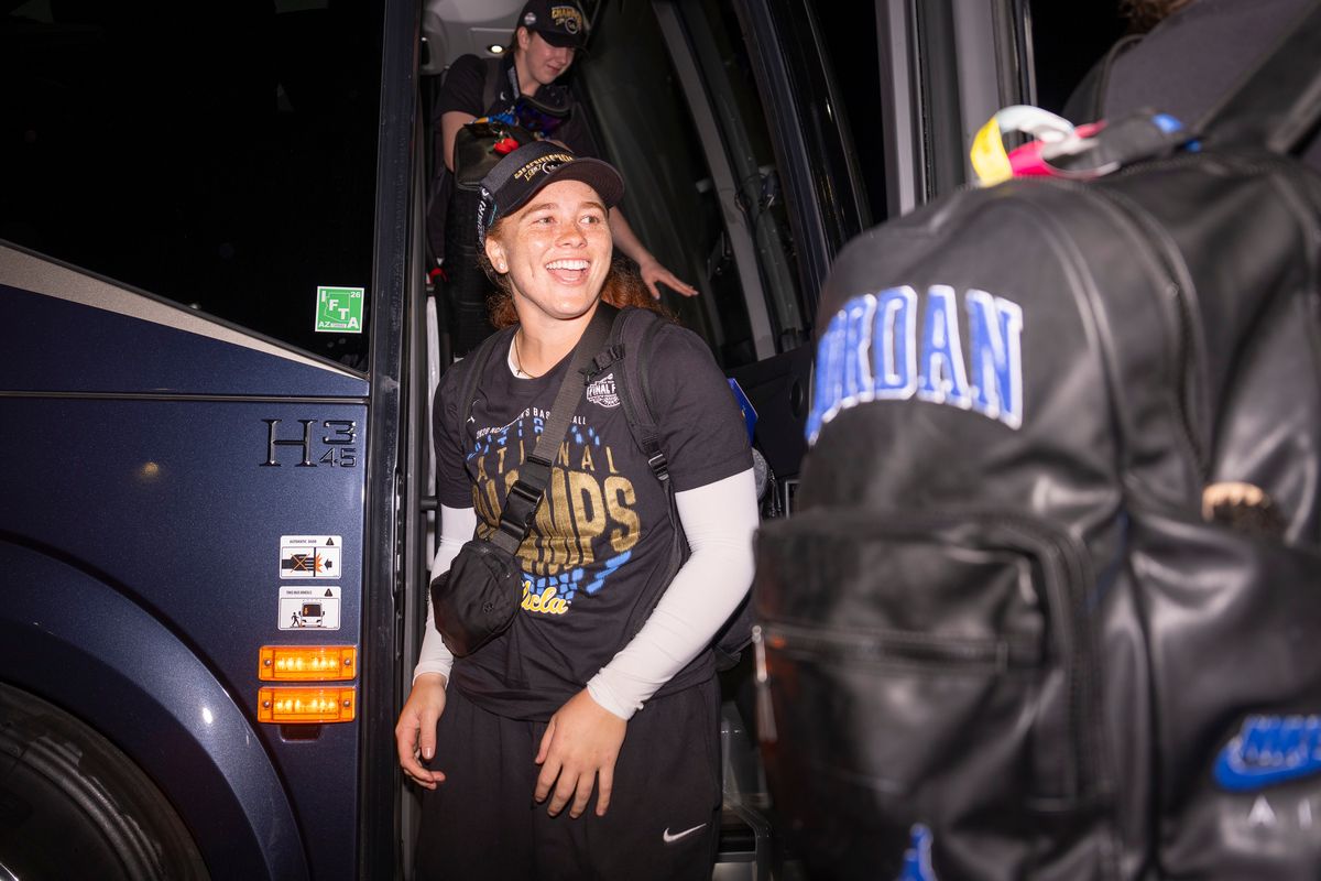 UCLA guard Megan Grant (43) arrives back to campus after winning the NCAA women's basketball National Championship on April 5th, 2026 at UCLA Campus in Los Angeles, CA. UCLA guard Megan Grant (43) arrives back to campus after winning the NCAA women's basketball National Championship on April 5th, 2026 at UCLA Campus in Los Angeles, CA.