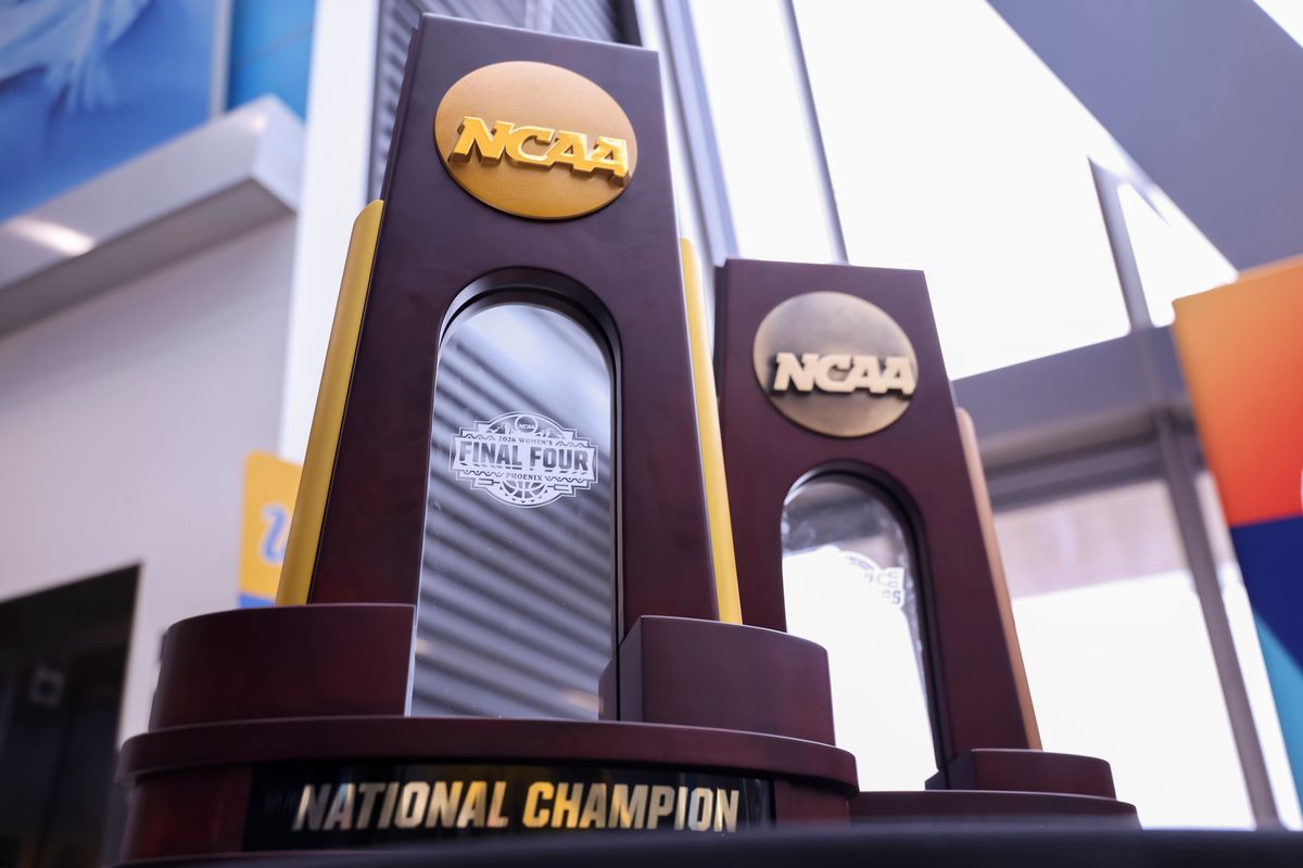 The NCAA National Championship and Region Championship trophies are on display during the celebration for the NCAA Champion UCLA Bruins Women’s basketball team, Wednesday April 8, 2026, in Los Angeles, Calif.