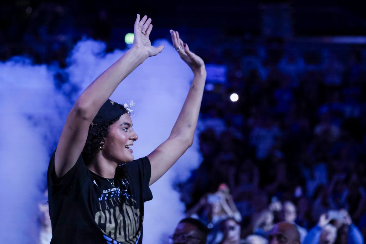 Lauren Betts is introduced to the crowd during the celebration for the NCAA Champion UCLA Bruins Women’s basketball team, Wednesday April 8, 2026, in Los Angeles, Calif.
