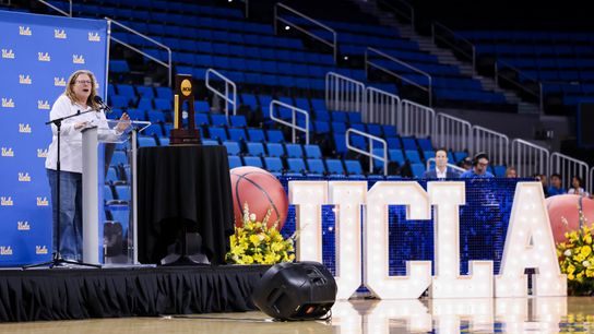Cori Close and the Bruins bring the NCAA trophy home to Pauley Pavilion taken at Pauley Pavilion (UCLA). Photo by Jordan Teller - The Sporting Tribune