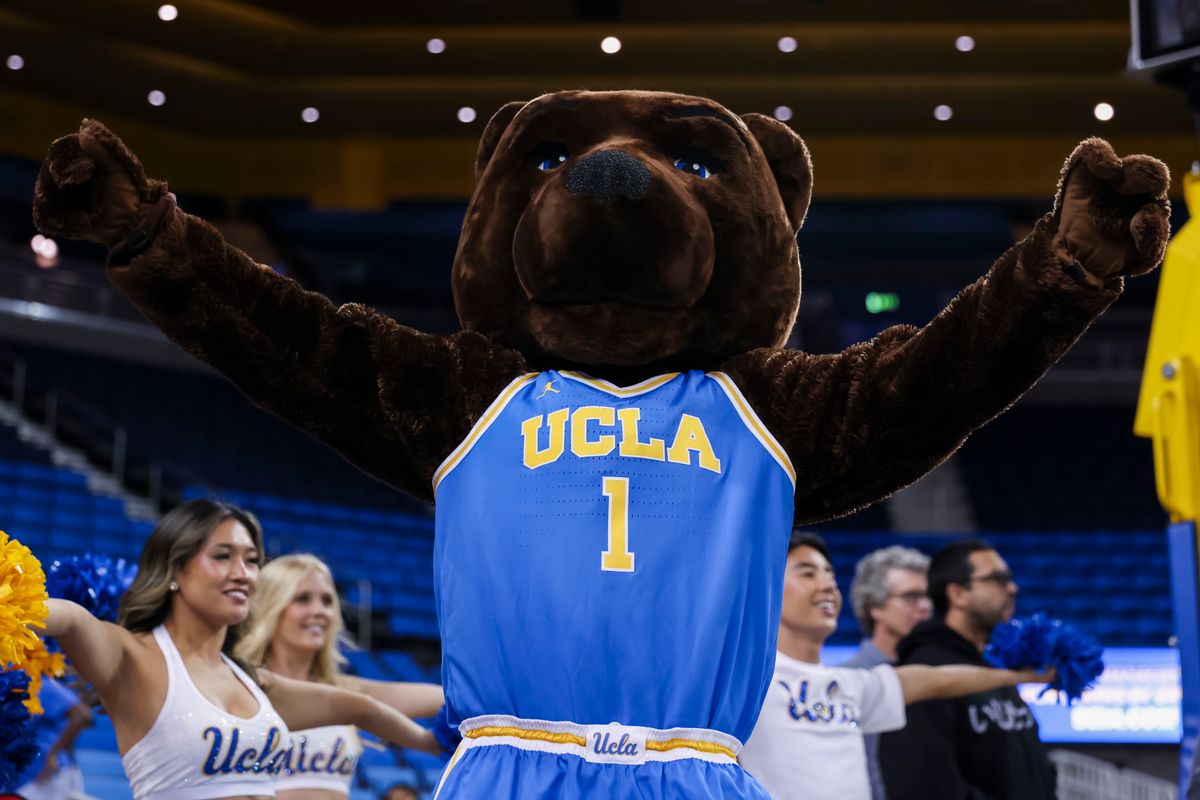UCLA Bruins mascot Joe Bruin on the court during the celebration for the NCAA Champion UCLA Bruins Women’s basketball team, Wednesday April 8, 2026, in Los Angeles, Calif.