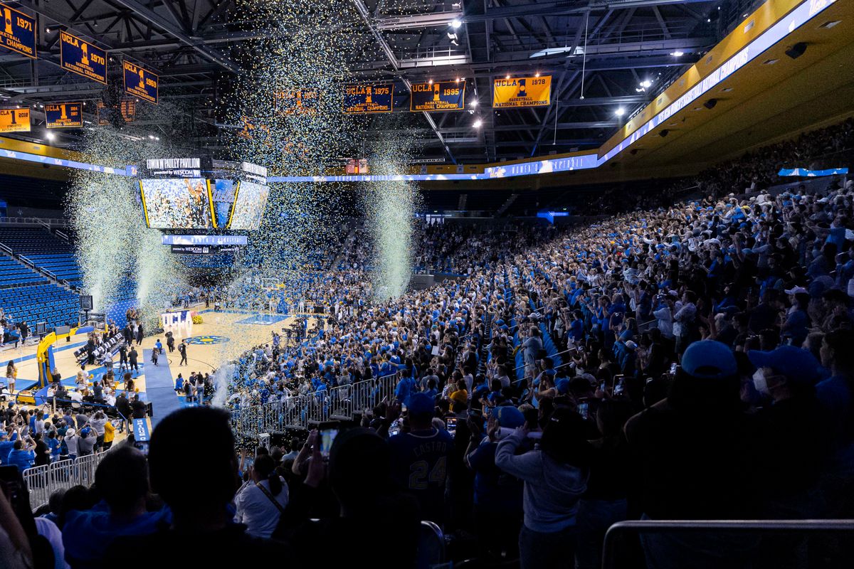 Confetti fills Pauley Pavilion as the UCLA Bruins and their fans celebrate during the celebration for the NCAA Champion UCLA Bruins Women’s basketball team, Wednesday April 8, 2026, in Los Angeles, Calif. Confetti fills Pauley Pavilion as the UCLA Bruins and their fans celebrate during the celebration for the NCAA Champion UCLA Bruins Women’s basketball team, Wednesday April 8, 2026, in Los Angeles, Calif.