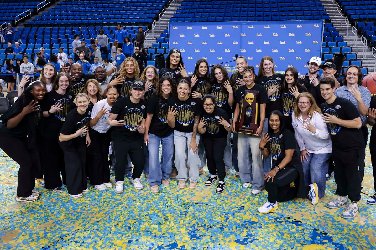 The UCLA Bruins pose for a team picture during the celebration for the NCAA Champion UCLA Bruins Women’s basketball team, Wednesday April 8, 2026, in Los Angeles, Calif.