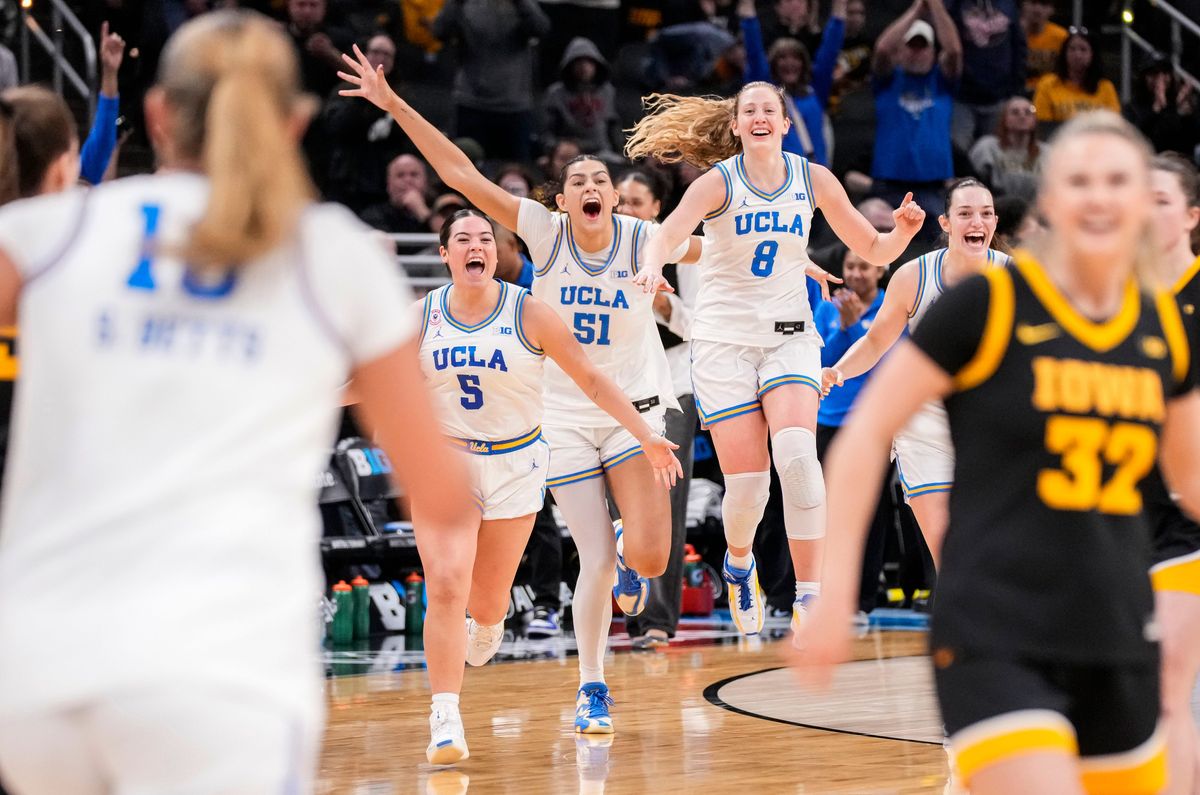 UCLA Bruins celebrates Sunday, March 8, 2026, after the Big Ten Tournament Championship game at Gainbridge Fieldhouse in Indianapolis. UCLA Bruins defeated the Iowa Hawkeyes, 96-45, for back to back Big Ten championships. UCLA Bruins celebrates Sunday, March 8, 2026, after the Big Ten Tournament Championship game at Gainbridge Fieldhouse in Indianapolis. UCLA Bruins defeated the Iowa Hawkeyes, 96-45, for back to back Big Ten championships.