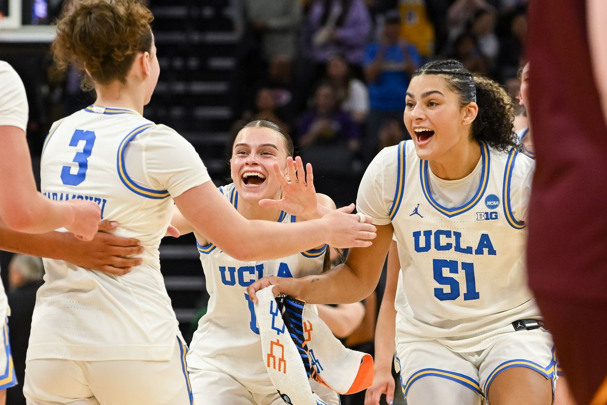 UCLA Bruins celebrate after defeating Minnesota Golden Gophers during a Sweet Sixteen game of the Sacramento Regional 2 of the women's 2026 NCAA Tournament at Golden 1 Center. UCLA Bruins celebrate after defeating Minnesota Golden Gophers during a Sweet Sixteen game of the Sacramento Regional 2 of the women's 2026 NCAA Tournament at Golden 1 Center.