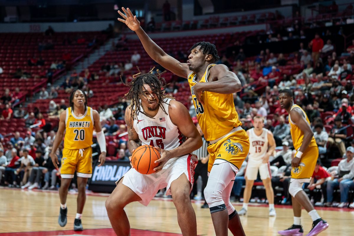 UNLV Jeremiah “Bear” Cherry (45) prepares to shoot the ball during college basketball game against Alabama State on Monday November 4, 2024 in Las Vegas.  