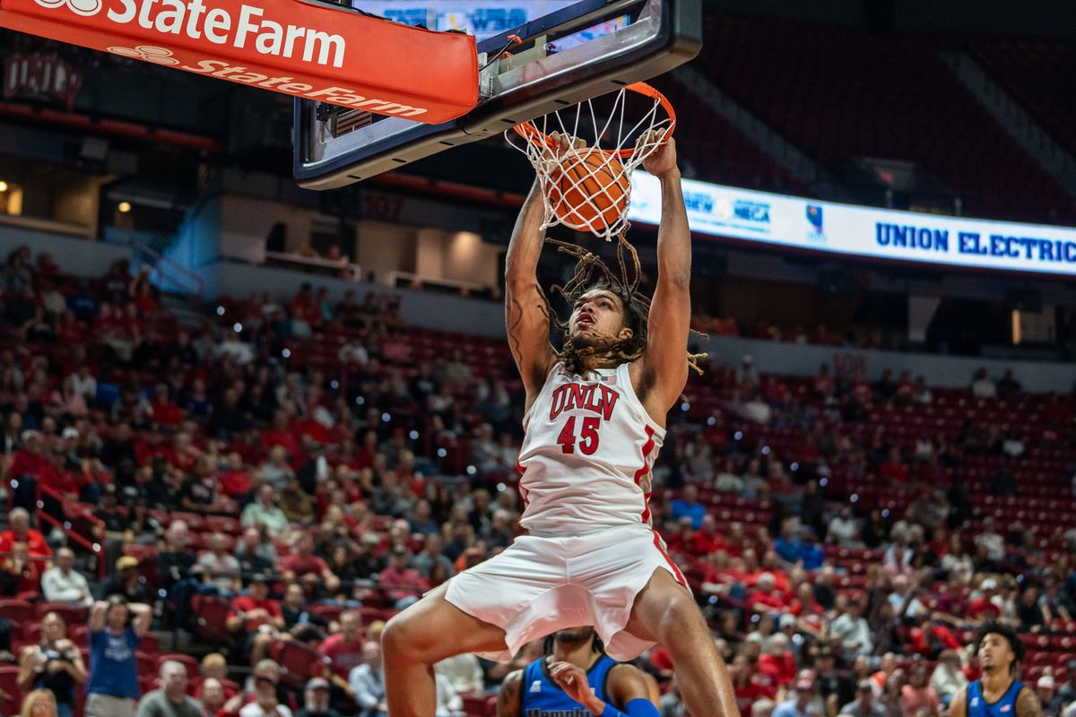 UNLV Jeremiah Cherry (45) dunks the ball during college basketball game against Memphis on Saturday November 9, 2024 in Las Vegas.  