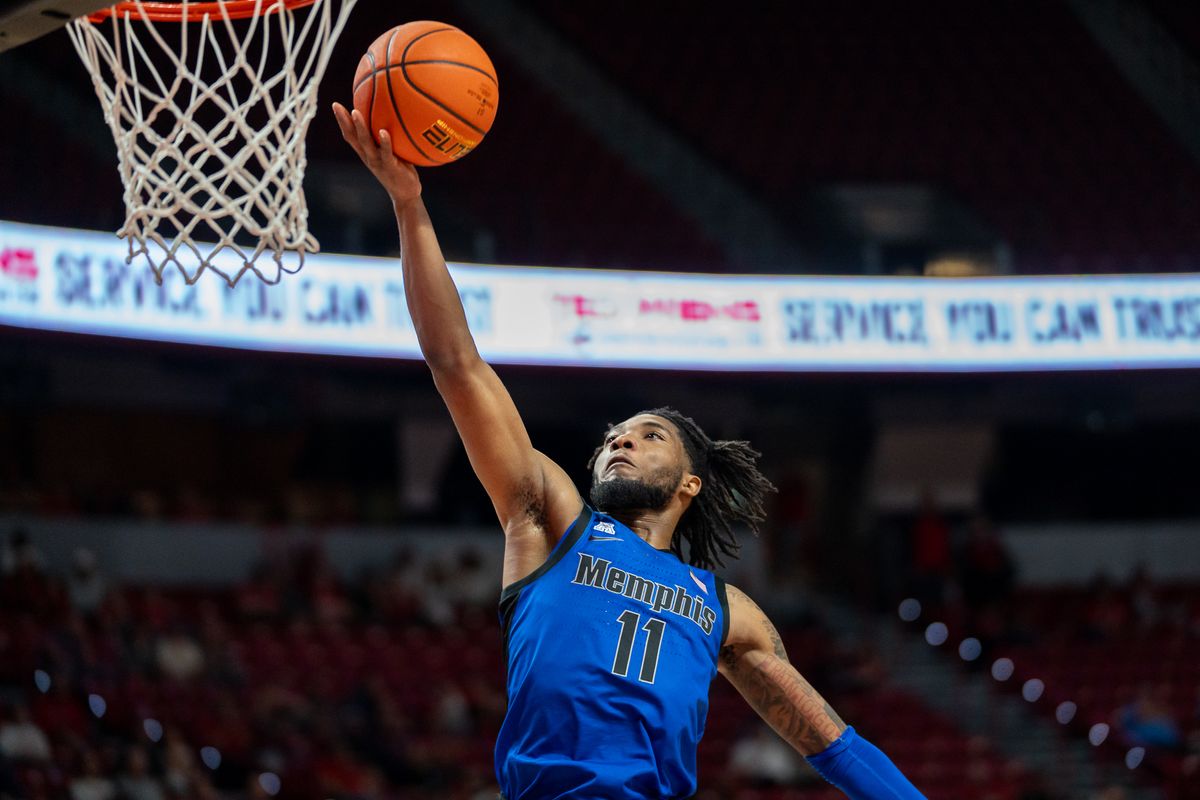 Memphis guard Tyrese Hunter (11) attempts a layup during college basketball game against UNLV on Saturday November 9, 2024 in Las Vegas.