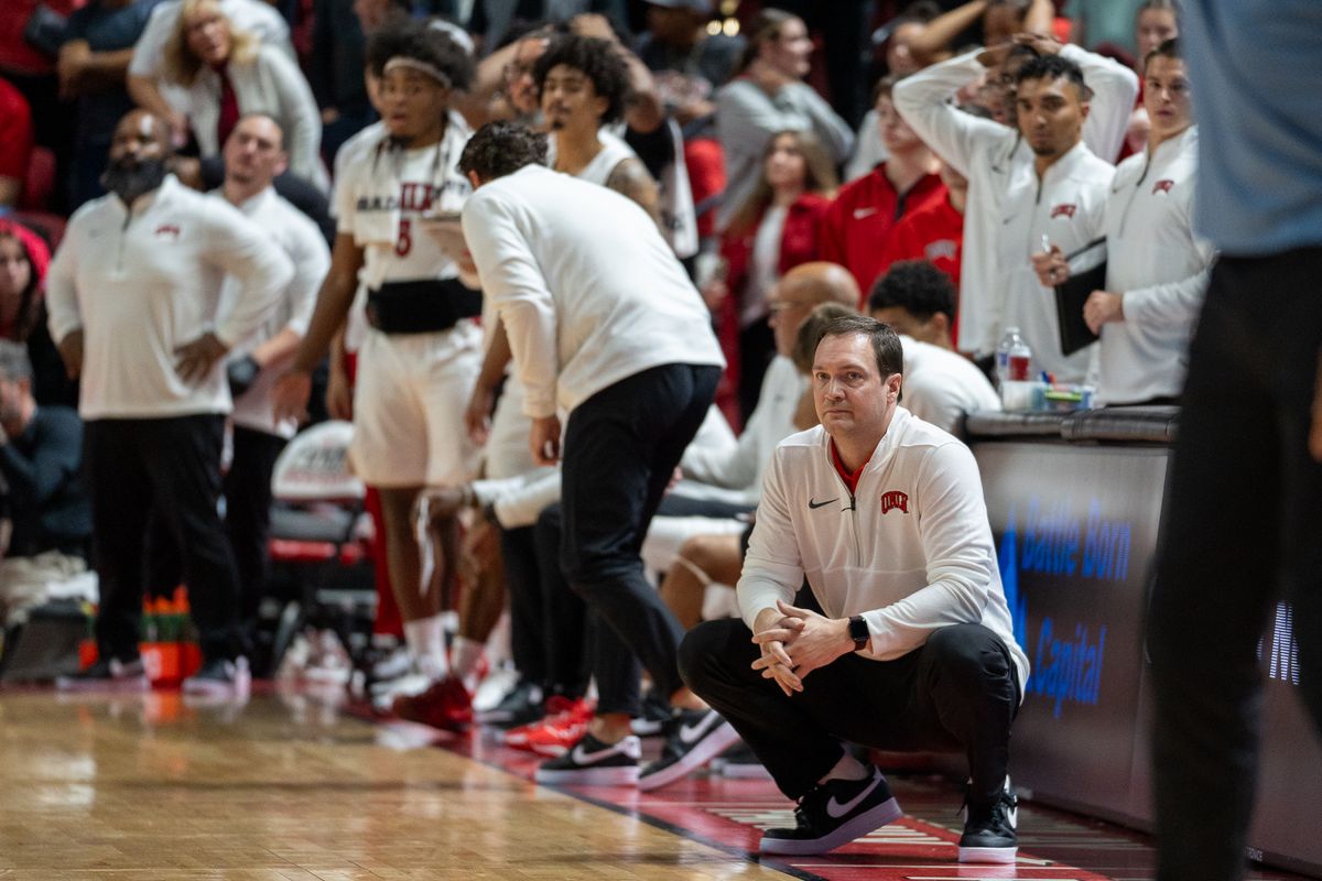 UNLV coach Kevin Kruger watches the game while the team reacts to Memphis widening their lead over the Rebels during college basketball game against Memphis on Saturday November 9, 2024 in Las Vegas.  