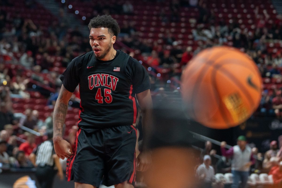 UNLV forward Jeremiah Cherry (45) stands ready after dunking the ball during college basketball game against Boise State on Tuesday February 4, 2025 in Las Vegas. 