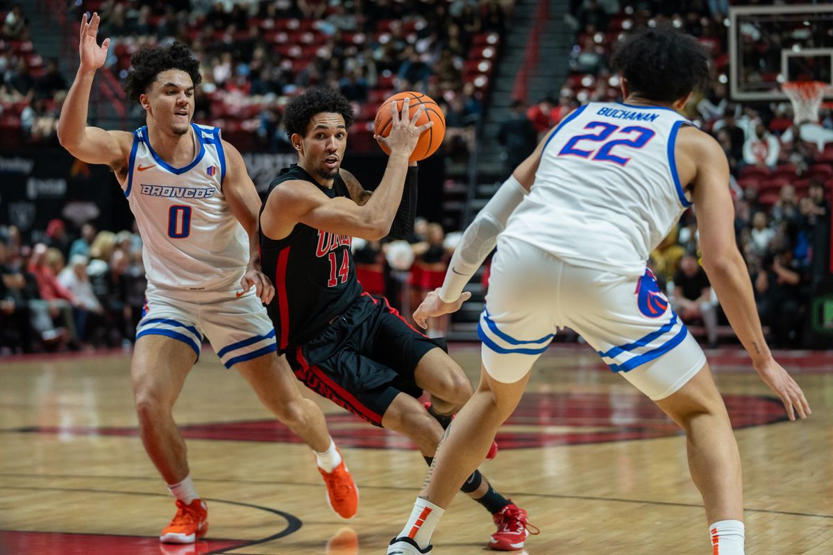 UNLV guard Jailen Bedford (14) drives towards the basket during college basketball game against Boise State on Tuesday February 4, 2025 in Las Vegas. 