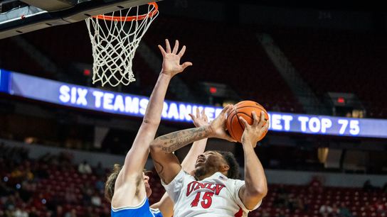 UNLV forward Jeremiah Cherry (45) attempts a two point basket during Mountain West basketball tournament game against Air Force on Wednesday March 12, 2025 in Las Vegas.  