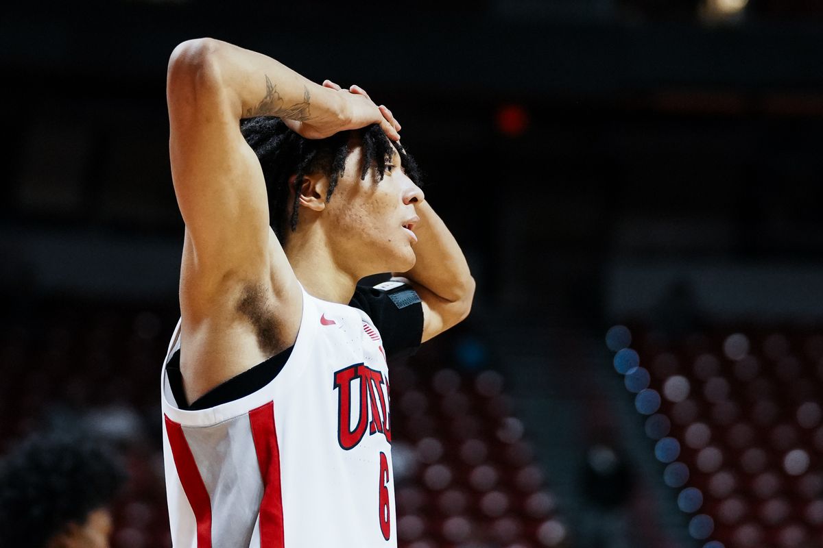 UNLV forward Tyrin Jones (6) reacts to a call from the referee during second half of college basketball game against UT Martin on Tuesday, Nov. 4, 2025 at Thomas and Mack Center in Las Vegas.