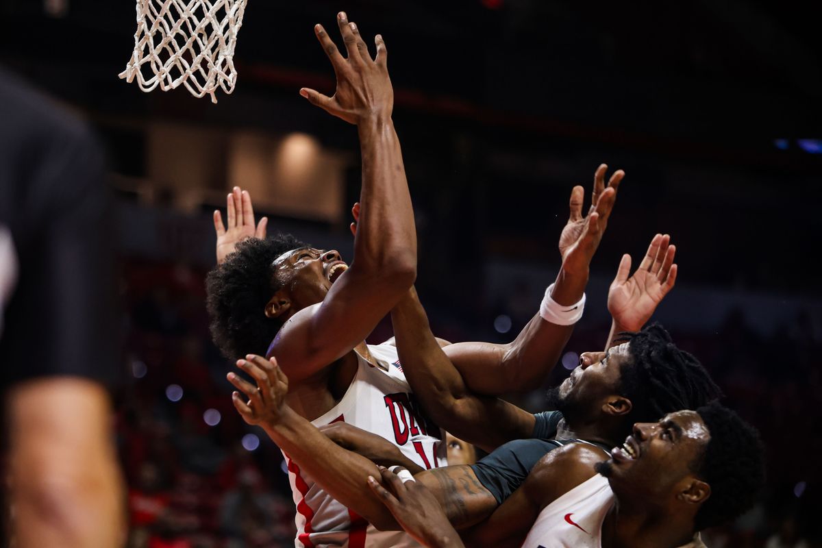 UNLV Runnin' Rebels F Jacob Bannarbie (10) attempts a shot during an NCAA basketball game against the Saint Joseph's Hawks on Thursday November 20, 2025, in Las Vegas, Nevada. 