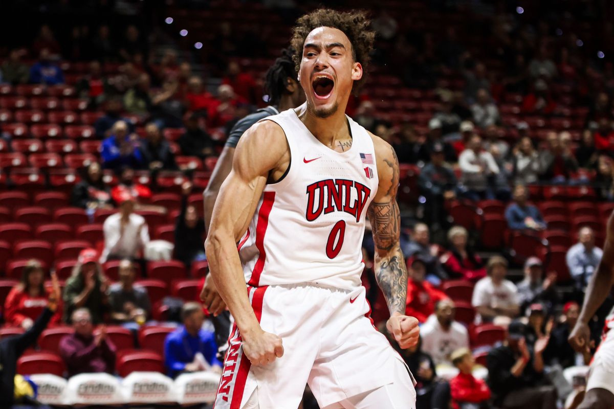  UNLV Runnin' Rebels G Dravyn Gibbs-Lawhorn (0) celebrates after scoring a dunk during an NCAA basketball game against the Saint Joseph's Hawks on Thursday November 20, 2025, in Las Vegas, Nevada. 