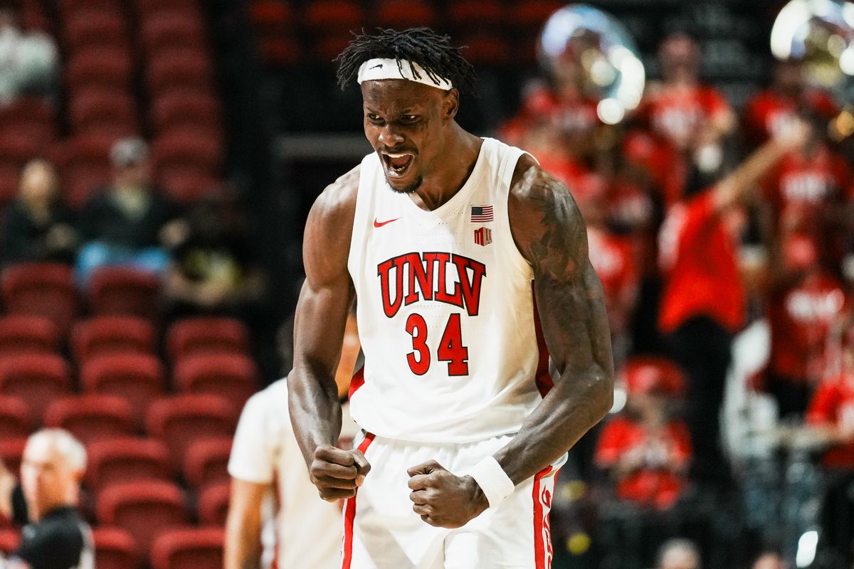 UNLV center Emmanuel Stephon (34) celebrates a successful block during second half of college basketball game against Fresno State on Sat., Dec. 20, 2025, at Thomas & Mack Center in Las Vegas.