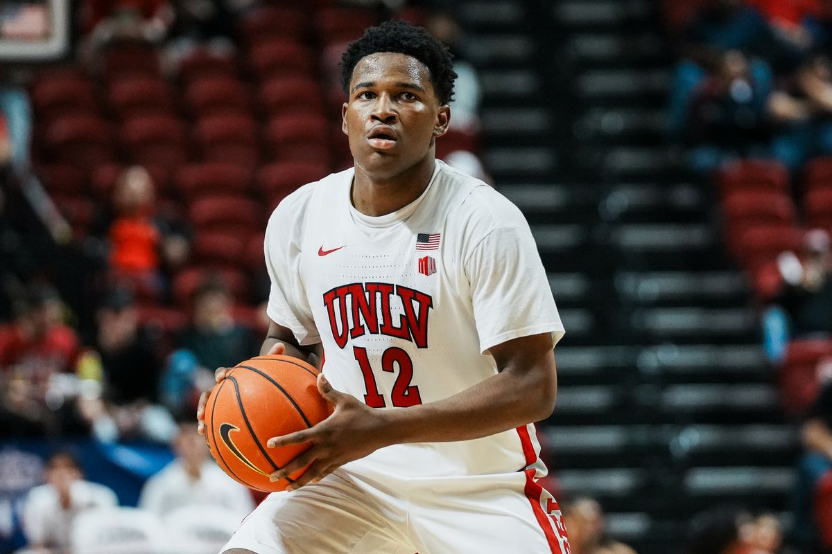 UNLV guard Issac Williamson (12) takes the ball down the court during second half of college basketball game against Fresno State on Sat., Dec. 20, 2025, at Thomas & Mack Center in Las Vegas.