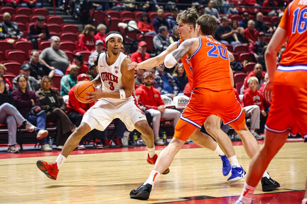UNLV Runnin' Rebels G Howie Fleming Jr. (3) looks for a shot during a college basketball game against the Boise State Broncos on Tuesday January 13, 2026, in Las Vegas, Nevada. 