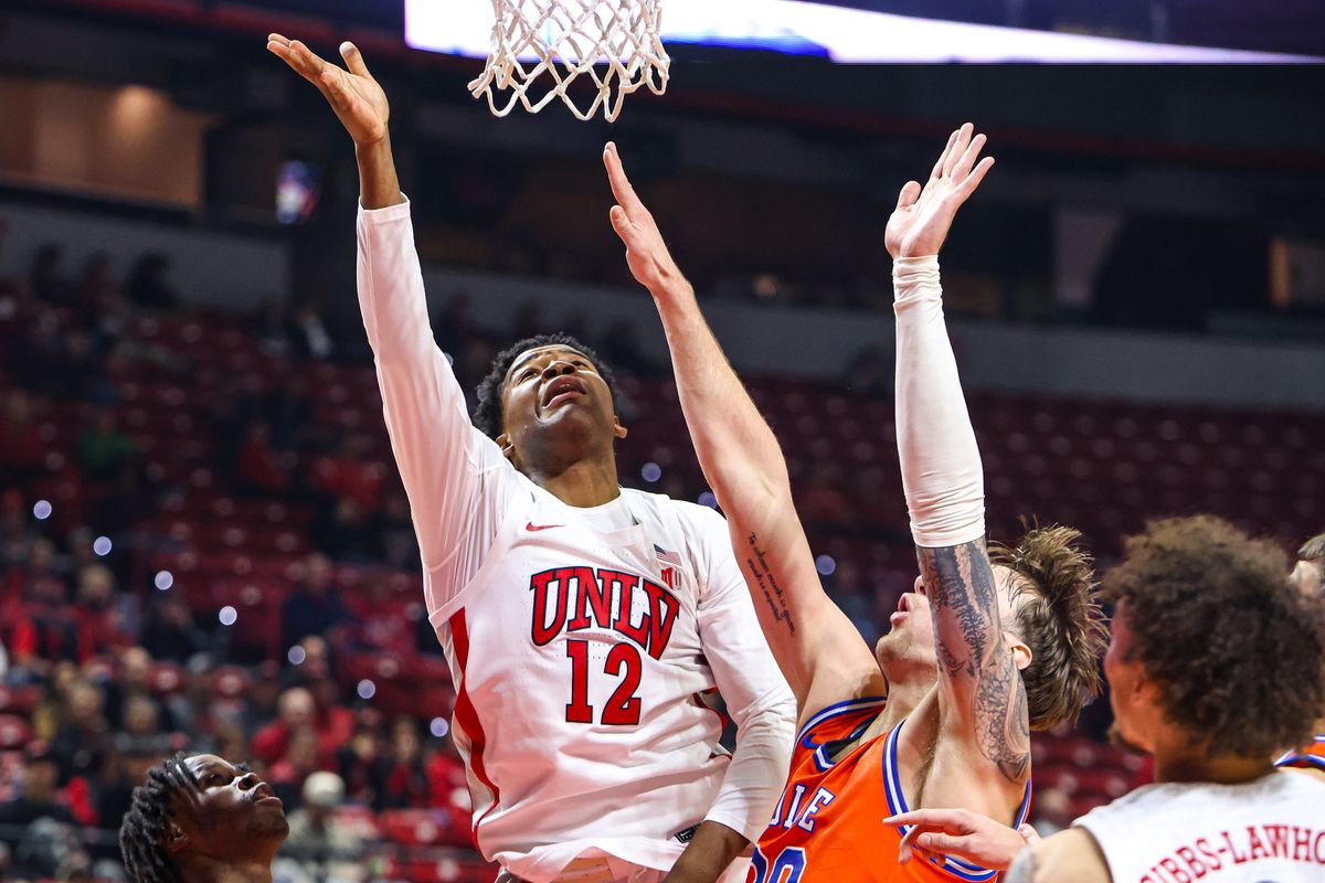 UNLV Runnin' Rebels G Issac Williamson (12) attempts a layup during a college basketball game against the Boise State Broncos on Tuesday January 13, 2026, in Las Vegas, Nevada. 