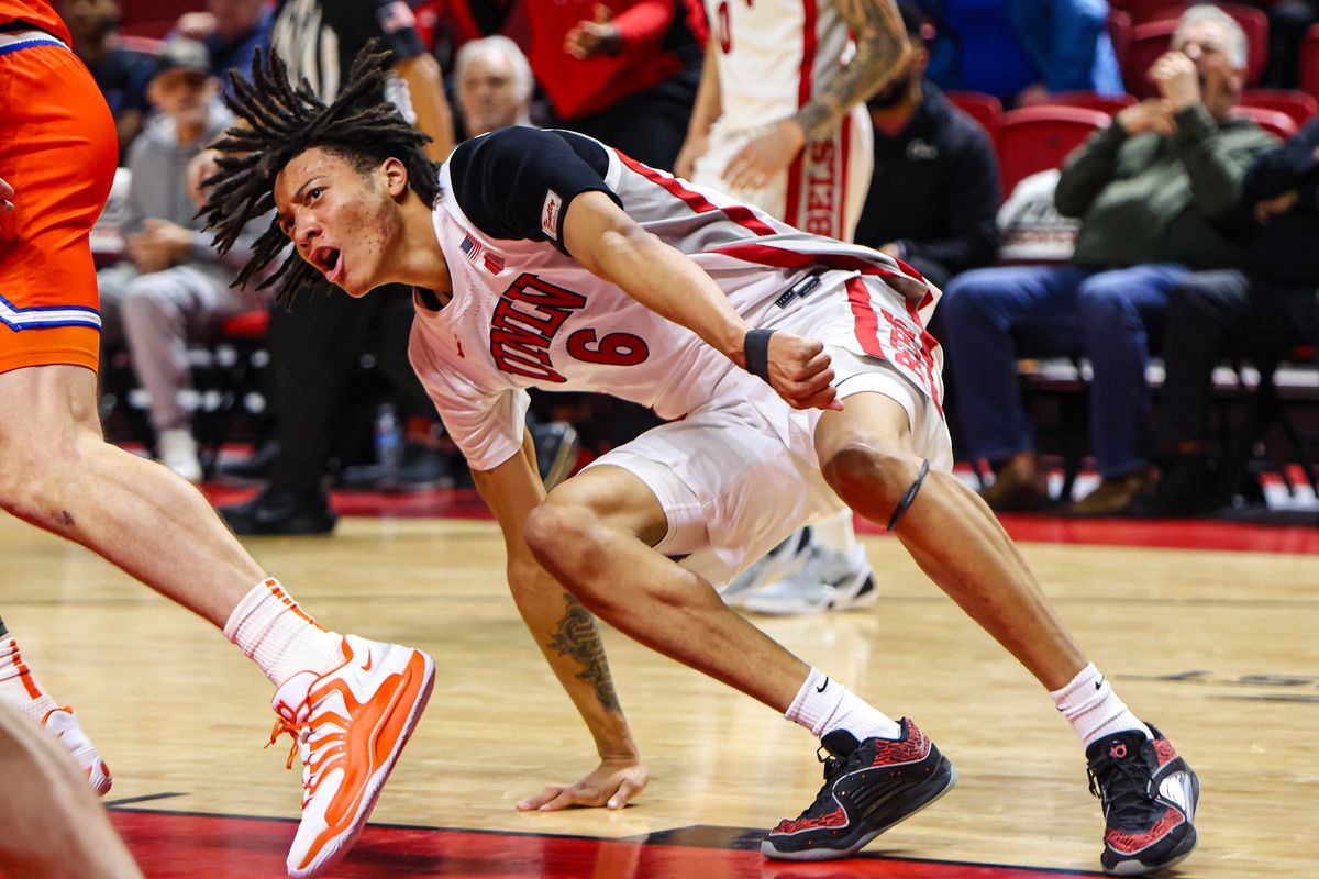 UNLV Runnin' Rebels F Tyrin Jones (6) reacts after a non-call during a college basketball game against the Boise State Broncos on Tuesday January 13, 2026, in Las Vegas, Nevada. 