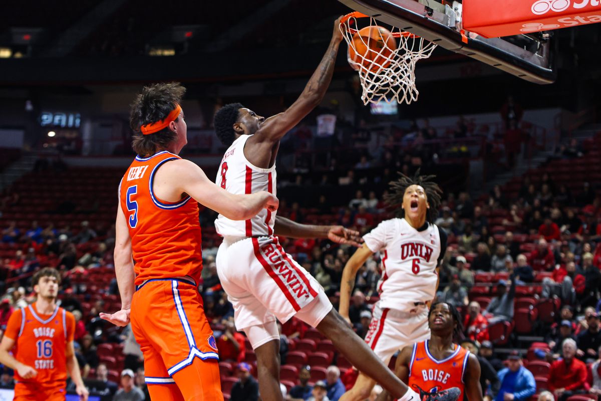 UNLV Runnin' Rebels F Kimani Hamilton (2) dunks the ball during a college basketball game against the Boise State Broncos on Tuesday January 13, 2026, in Las Vegas, Nevada. 