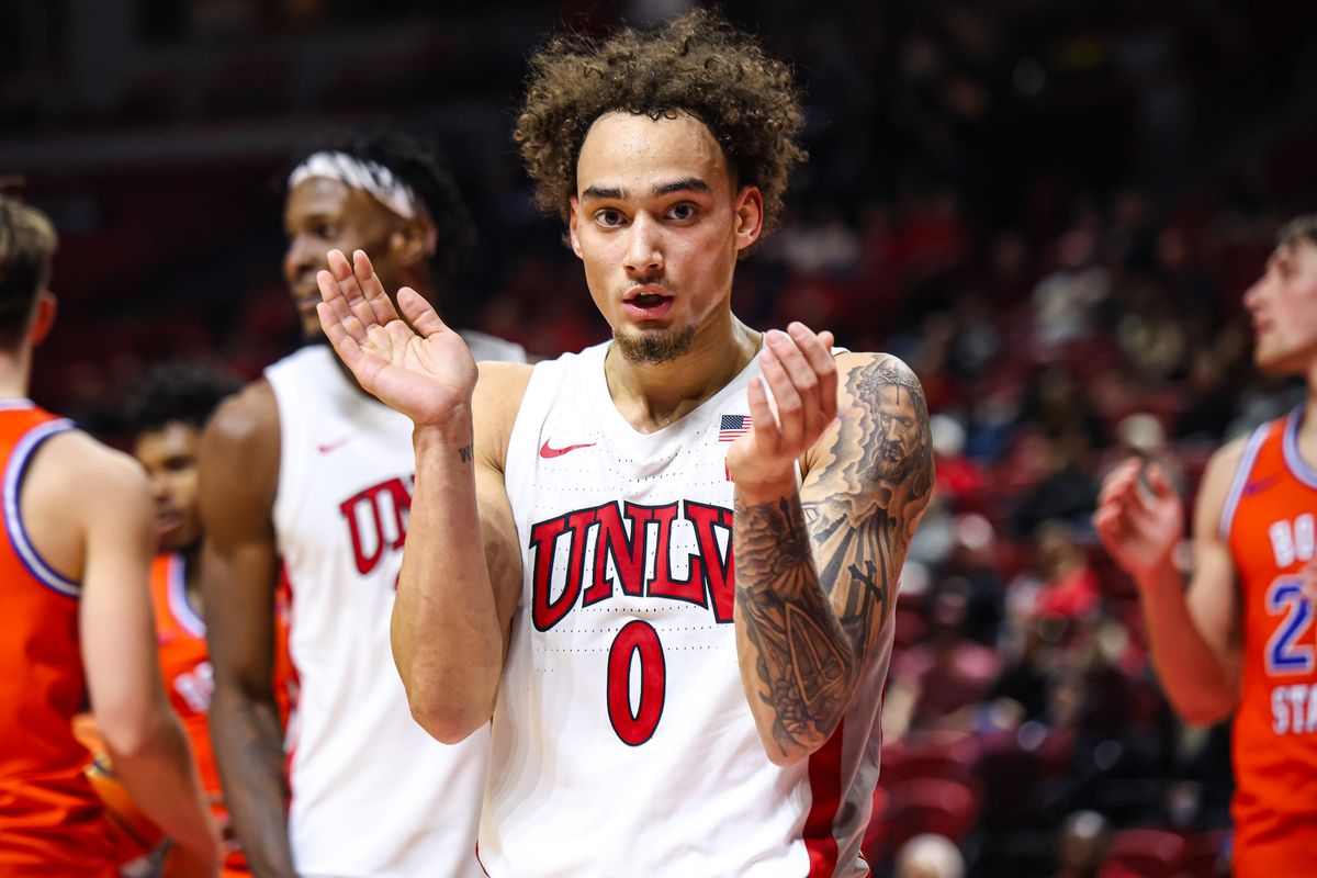 UNLV Runnin' Rebels G Dravyn Gibbs-Lawhorn (0) reacts after drawing a foul during a college basketball game against the Boise State Broncos on Tuesday January 13, 2026, in Las Vegas, Nevada. 