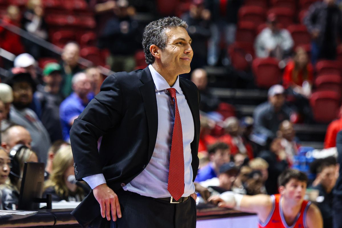 UNLV Runnin' Rebels Head Coach Josh Pastner seen smiling during a college basketball game against the Boise State Broncos on Tuesday January 13, 2026, in Las Vegas, Nevada. 