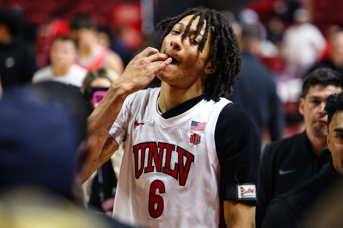 UNLV Runnin' Rebels F Tyrin Jones (6) celebrates after defeating the Boise State Broncos on Tuesday January 13, 2026, in Las Vegas, Nevada. 