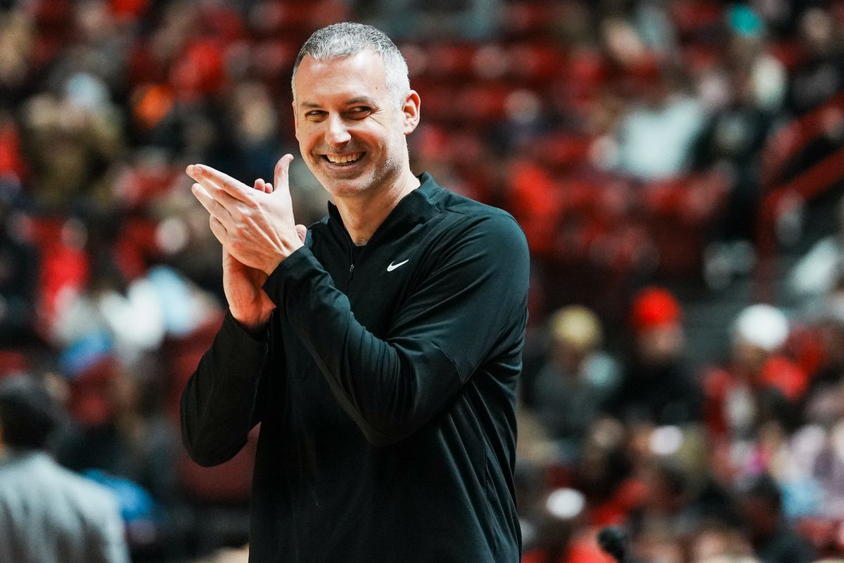 New Mexico coach Eric Olen celebrates after his team executes a play successfully during first half of college basketball game against UNLV  on Tuesday, January 27, 2026 at Thomas & Mack Arena in Las Vegas.