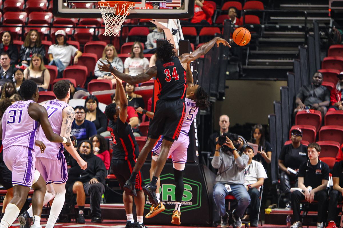 UNLV Runnin' Rebels C Emmanuel Stephen (34) blocks a Grand Canyon Antelopes shot attempt on Saturday February 7, 2026, in Las Vegas, Nevada. 