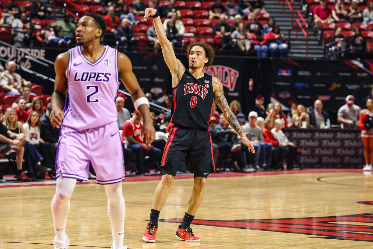  UNLV Runnin' Rebels G Dravyn Gibbs-Lawhorn (0) watches his three-point attempt against the Grand Canyon Antelopes on Saturday February 7, 2026, in Las Vegas, Nevada. 