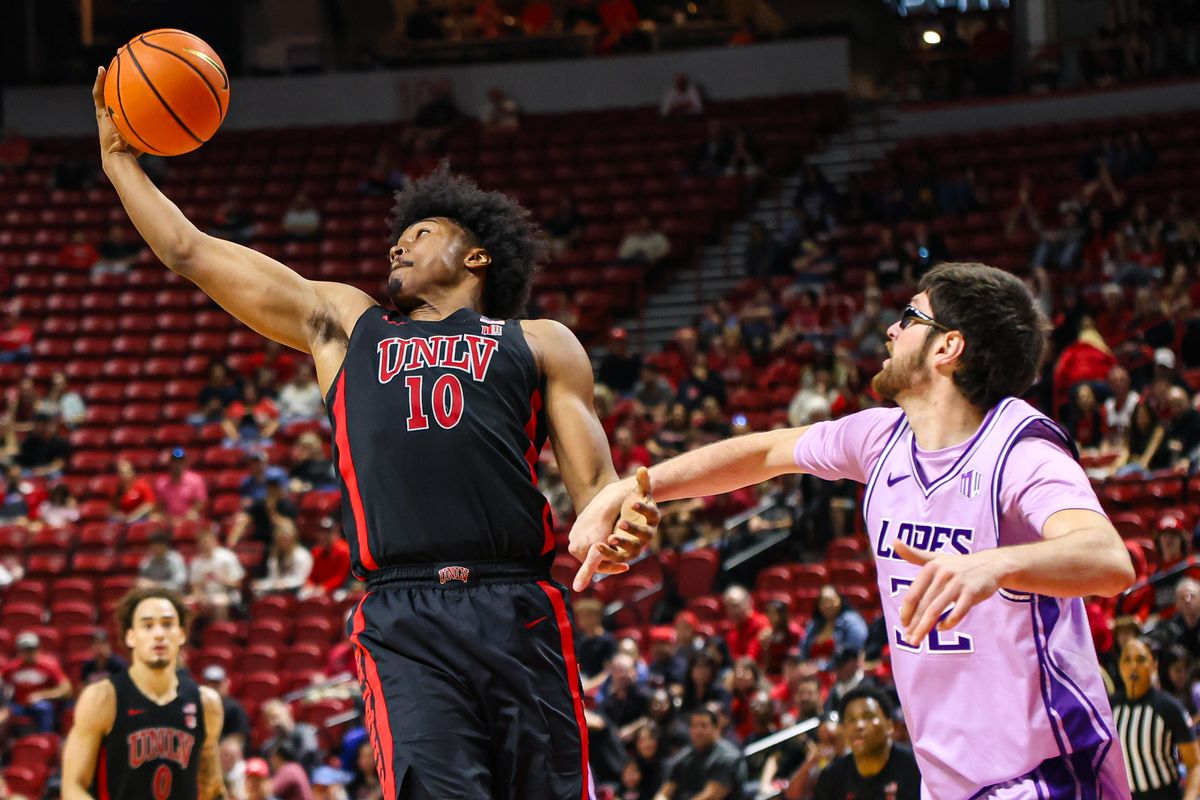  UNLV Runnin' Rebels F Jacob Bannarbie (10) collects a rebound during a college basketball game against the Grand Canyon Antelopes on Saturday February 7, 2026, in Las Vegas, Nevada. 