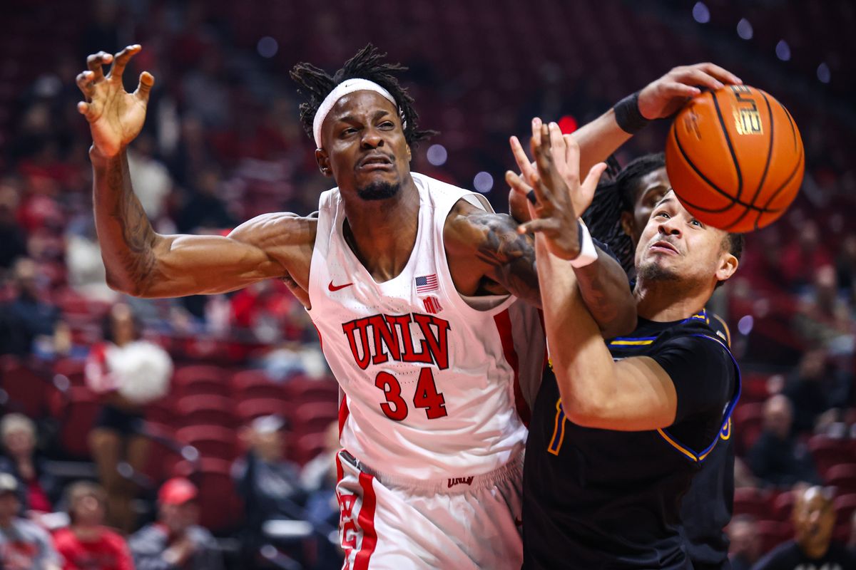 UNLV Runnin' Rebels C Emmanuel Stephen (34) loses a rebound against a San Jose State Spartans player on Tuesday February 10, 2026, in Las Vegas, Nevada. 