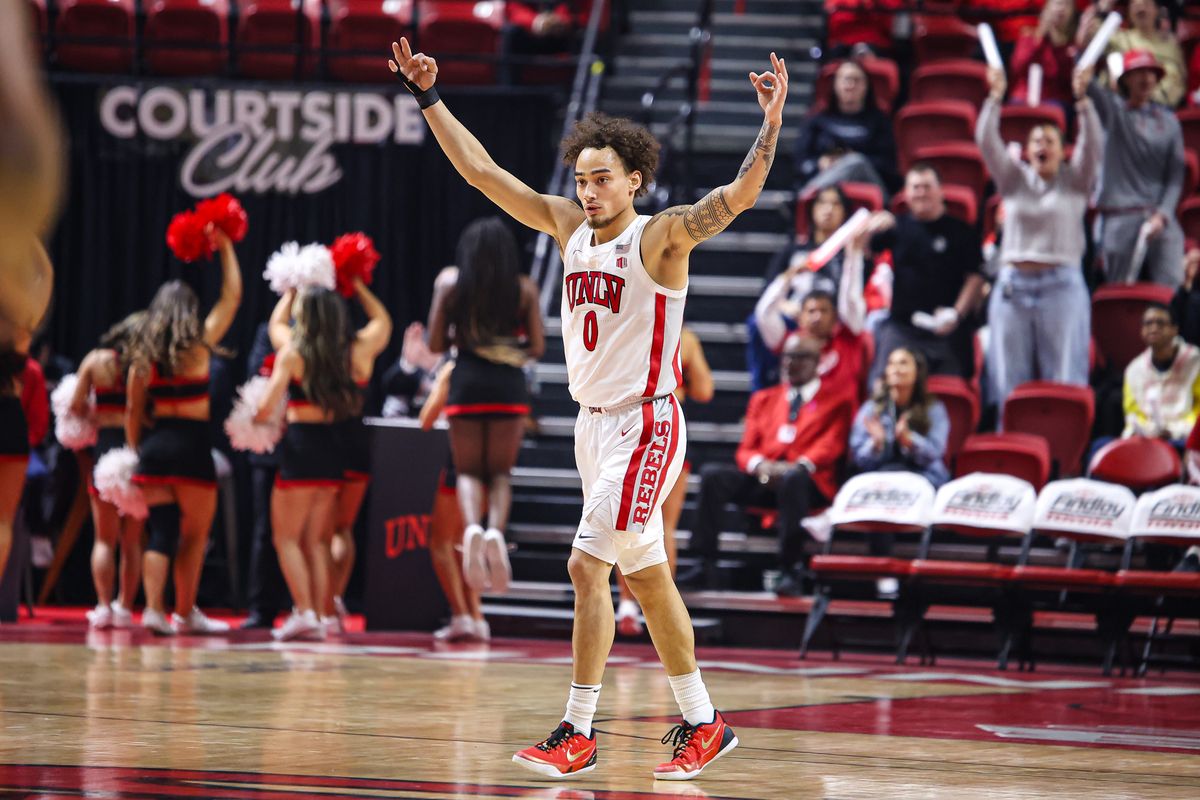 UNLV Runnin' Rebels G Dravyn Gibbs-Lawhorn (0) reacts after his teammate scores a three-point basket against the San Jose State Spartans on Tuesday February 10, 2026, in Las Vegas, Nevada. 