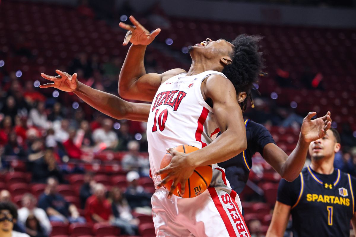 UNLV Runnin' Rebels F Jacob Bannarbie (10) reacts after getting fouled by a San Jose State Spartans player on Tuesday February 10, 2026, in Las Vegas, Nevada. 